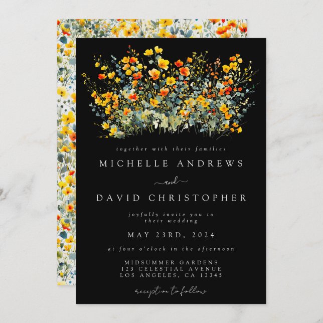 Colourful Black Summer Floral Wedding Invitation (Front/Back)