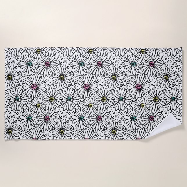 Colourful Black + White Daisies Pattern Beach Towel (Front)