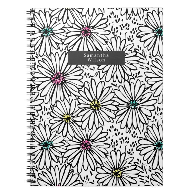 Colourful Black + White Daisies Pattern  Notebook (Front)