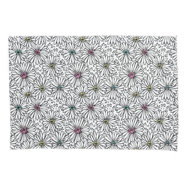 Colourful Black + White Daisies Pattern  Pillowcase (Front)