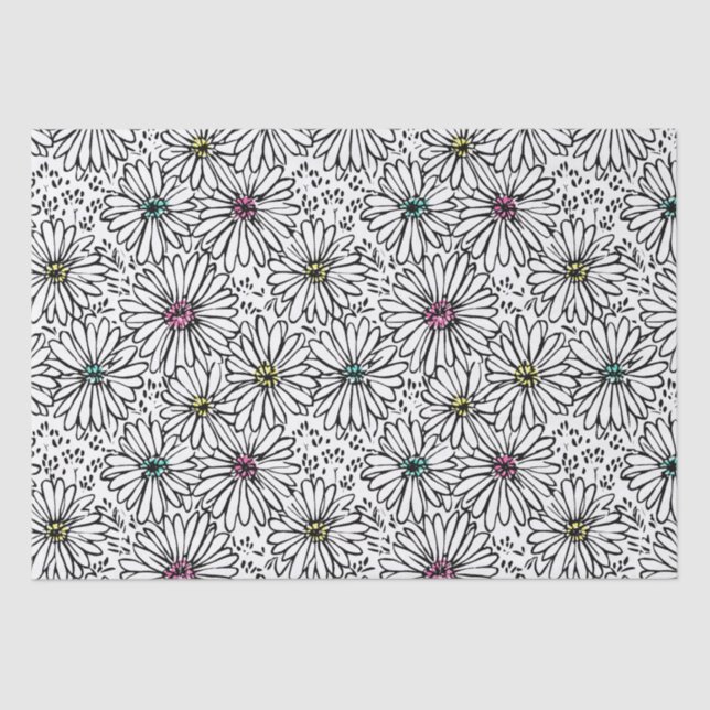 Colourful Black + White Daisies Pattern Tissue Paper (Front)