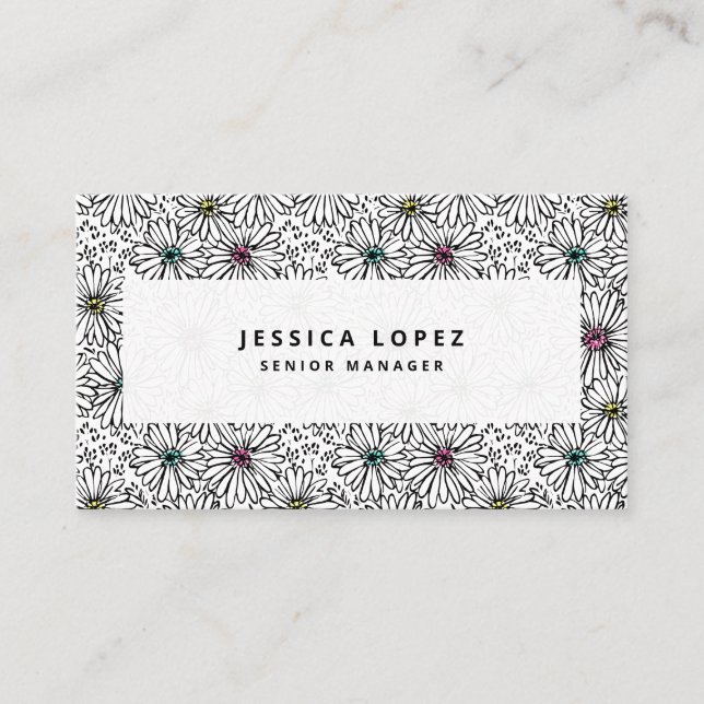 Colourful Black + White Daisy Pattern Professional Business Card (Front)