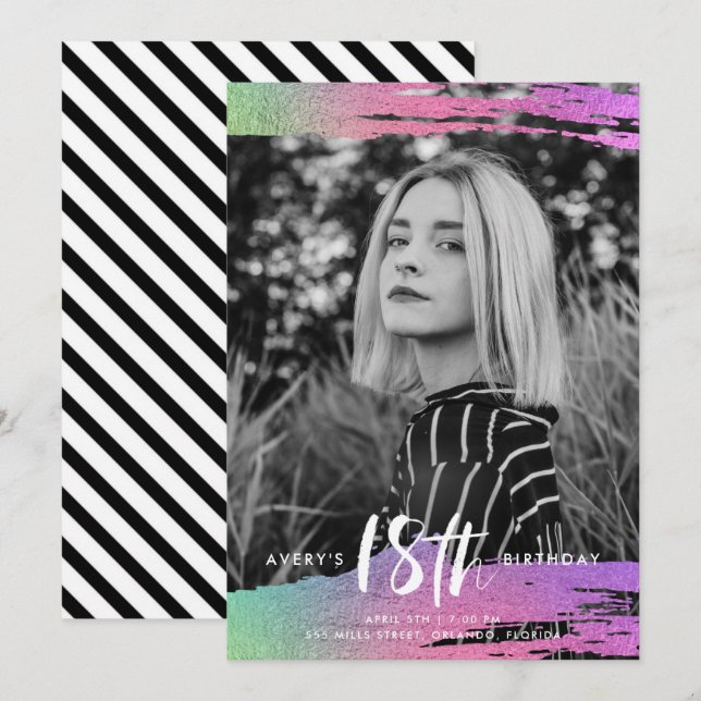 Colourful Black White Photo 18th Birthday Invitation (Front/Back)