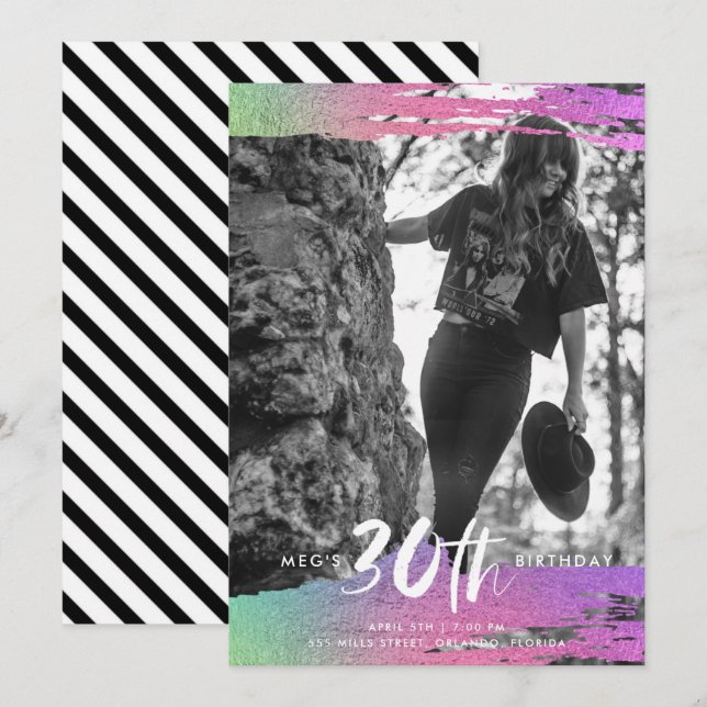 Colourful Black White Photo 30th Birthday Invitation (Front/Back)