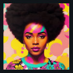 Colourful Black Woman Afro Pop Art<br><div class="desc">This pop art style artwork features a beautiful black woman with a large afro,  70s aesthetic with some flower power and hoop earrings. A vibrant melanin beauty with natural hair in a bold,  multicolor digital art piece. Cyan,  magenta pink,  and yellow colour scheme with some peach.</div>