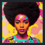 Colourful Black Woman Afro Pop Art<br><div class="desc">This pop art style artwork features a beautiful black woman with a large afro,  70s aesthetic with some flower power and hoop earrings. A vibrant melanin beauty with natural hair in a bold,  multicolor digital art piece. Cyan,  magenta pink,  and yellow colour scheme with some peach.</div>