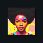Colourful Black Woman Afro Pop Art Canvas Print<br><div class="desc">This pop art style artwork features a beautiful black woman with a large afro,  70s aesthetic with some flower power and hoop earrings. A vibrant melanin beauty with natural hair in a bold,  multicolor digital art piece. Cyan,  magenta pink,  and yellow colour scheme with some peach.</div>