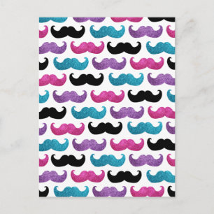 Colourful bling moustache pattern (Faux glitter) Postcard
