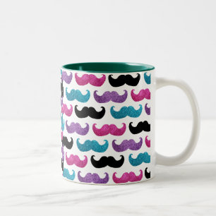 Colourful bling moustache pattern (Faux glitter) Two-Tone Coffee Mug