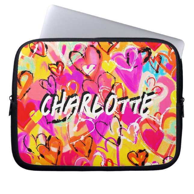 Colourful Bliss: Yellow & Pink Graffiti Hearts Laptop Sleeve (Front)