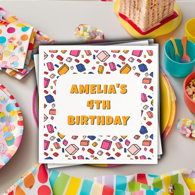 Colourful Block Brick Pattern Drawing Kids Birthda Napkin (Creator Uploaded)