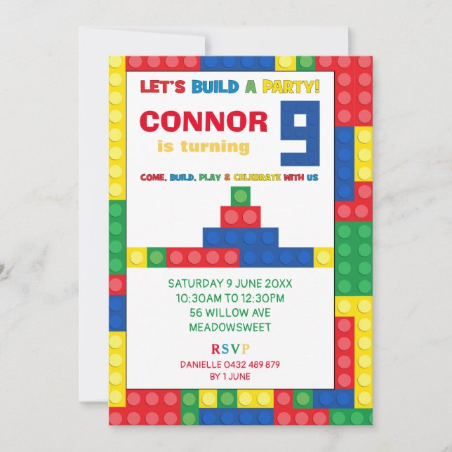 Colourful Blocks 9th Birthday Party Building Block Invitation (Front)