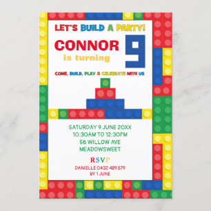 Colourful Blocks 9th Birthday Party Building Block Invitation