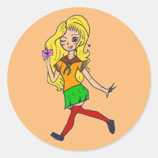 Colourful blonde cartoon girl. Fluffy.  Classic Round Sticker