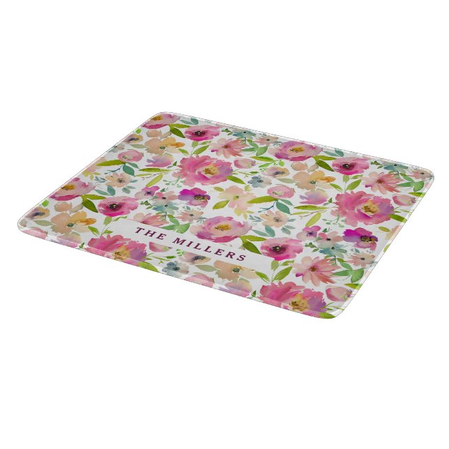 Colourful Blooming Chic Mint Blush Floral Monogram Cutting Board (Corner)