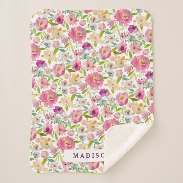 Colourful Blooming Chic Mint Blush Floral Monogram Sherpa Blanket (Front)