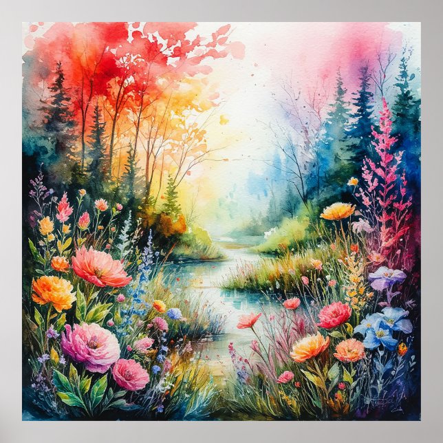 Colourful Blooming Meadow With a Serene Stream Poster (Front)