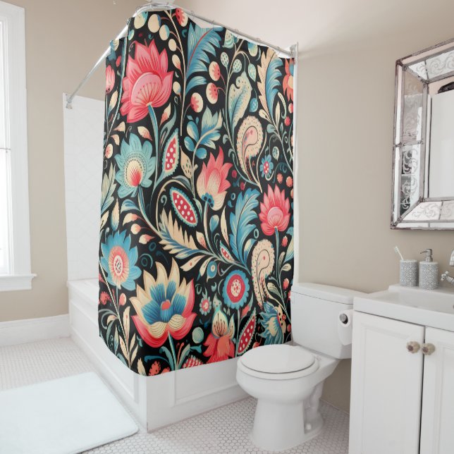 Colourful Blooms and Paisley Patterns on Black Shower Curtain (In Situ)