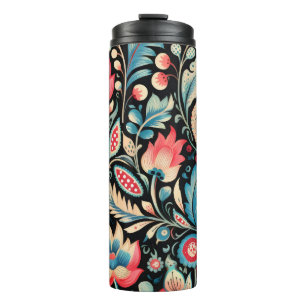 Colourful Blooms and Paisley Patterns on Black Thermal Tumbler
