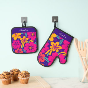 Colourful Blooms-Dopamine Style-Retro Flowers Oven Mitt & Pot Holder Set