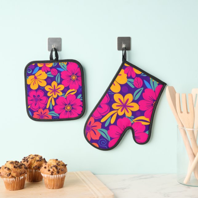Colourful Blooms-Dopamine Style-Retro Flowers Oven Mitt & Pot Holder Set (Insitu(Hanging))