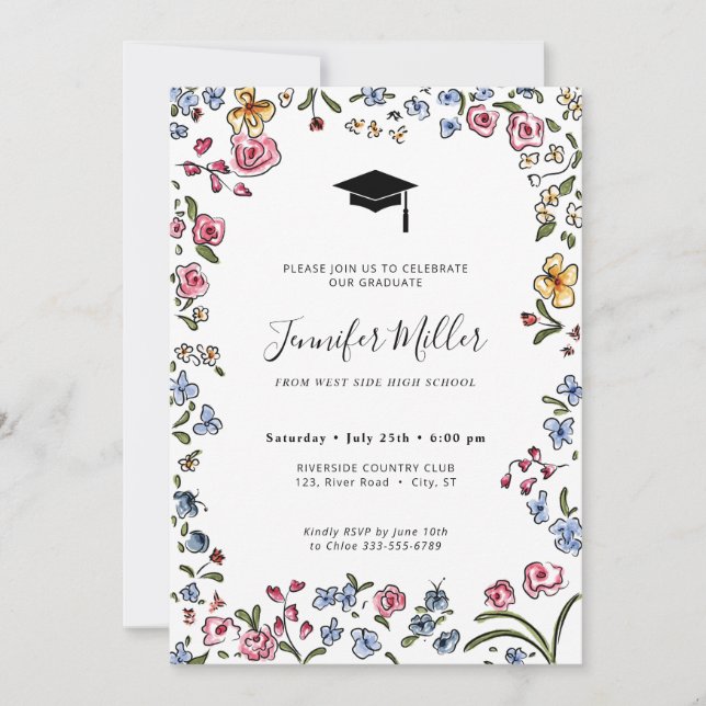 Colourful blooms hand drawn Graduation Party Photo Holiday Card (Front)