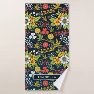 Colourful blossom floral pattern personalised name bath towel