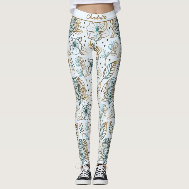 Colourful blossom floral pattern personalised name leggings (Front)