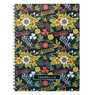 Colourful blossom floral pattern personalised name notebook