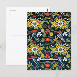 Colourful blossom floral pattern personalised name postcard