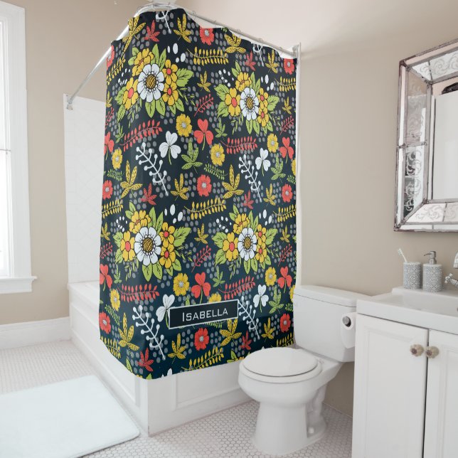 Colourful blossom floral pattern personalised name shower curtain (In Situ)