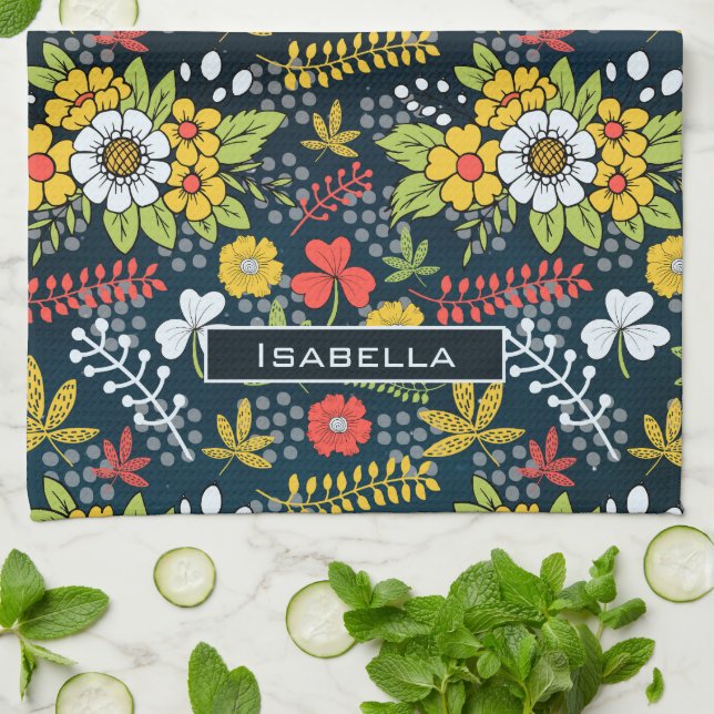 Colourful blossom floral pattern personalised name tea towel (Folded)