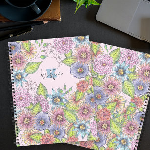 Colourful Blossoming Flowers Name and Initial Notebook