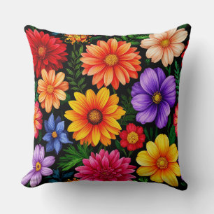 Colourful Blossoms on Black Background Cushion