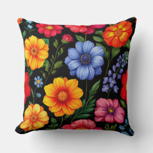 Colourful Blossoms on Black Background Cushion