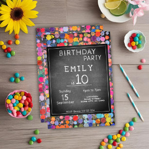 Colourful Blot Chalkboard Kids Birthday Invitation
