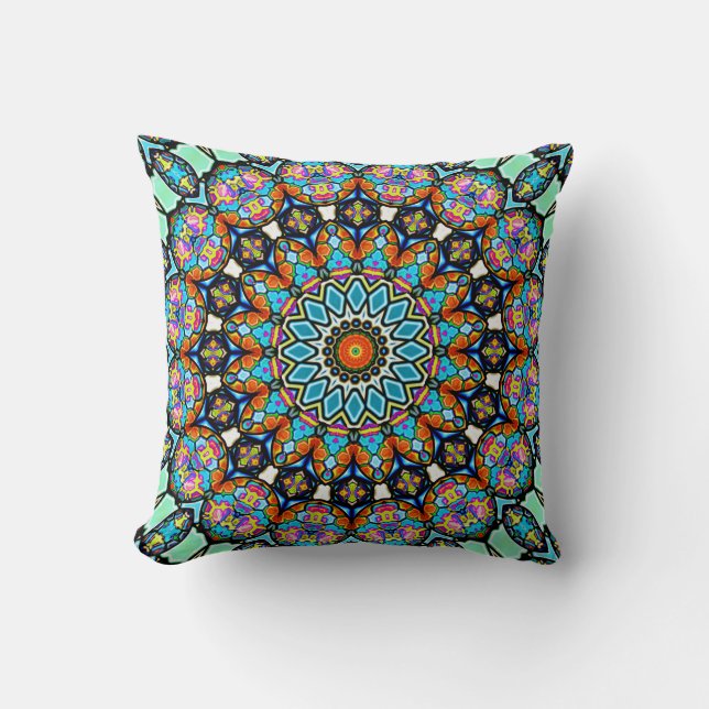 Colourful Blown Glass Balls Mandala Throw Pillow (Front)
