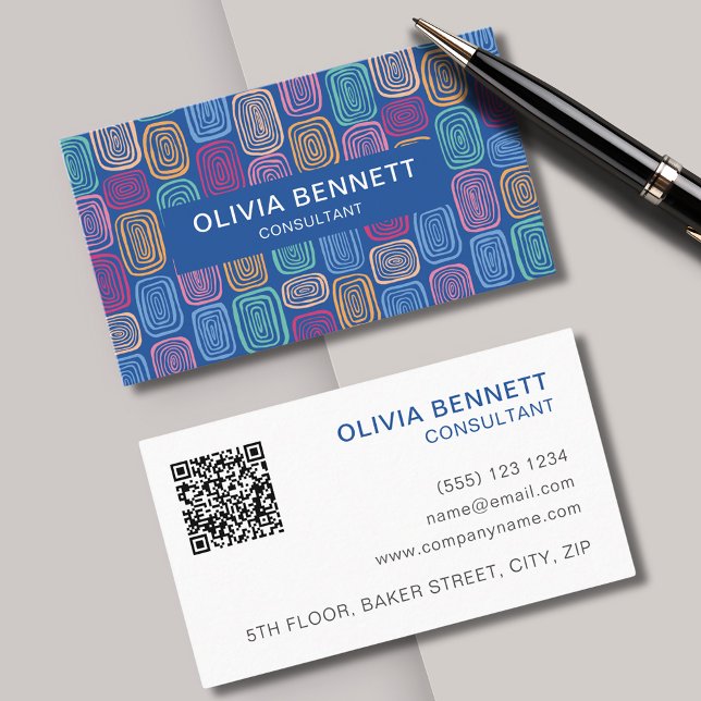 Colourful Blue abstract Business Card (Colorful, modern, abstract business card in blue and pink tones. Customize with QR & contact details)