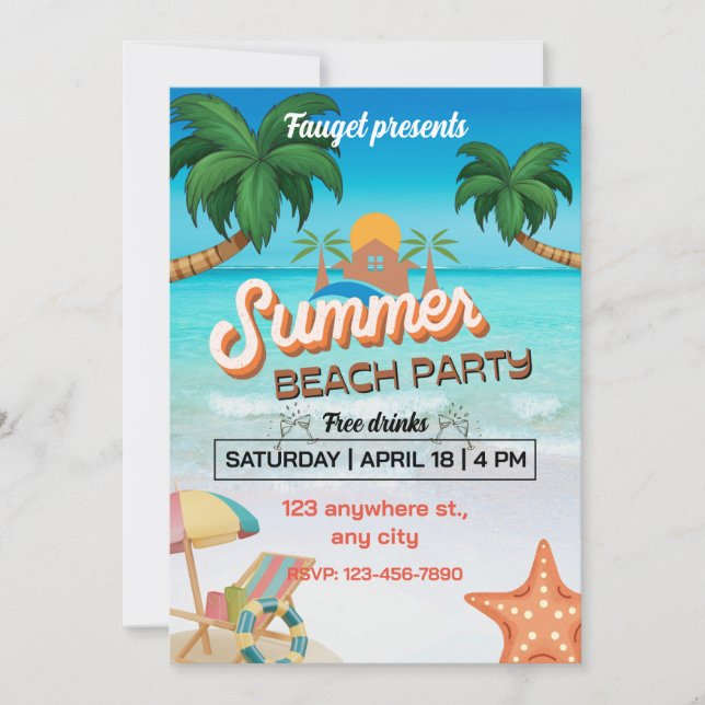 Colourful Blue and Brown Summer Beach Party Poster Invitation (Front)