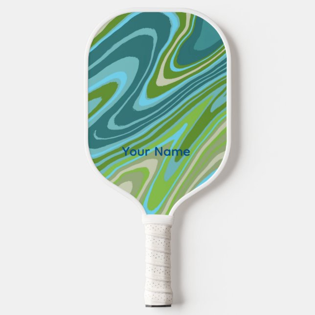 Colourful blue and green abstract phone case pickleball paddle (Front)