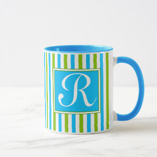 Colourful Blue and Green Stripe Pattern Monogram Mug