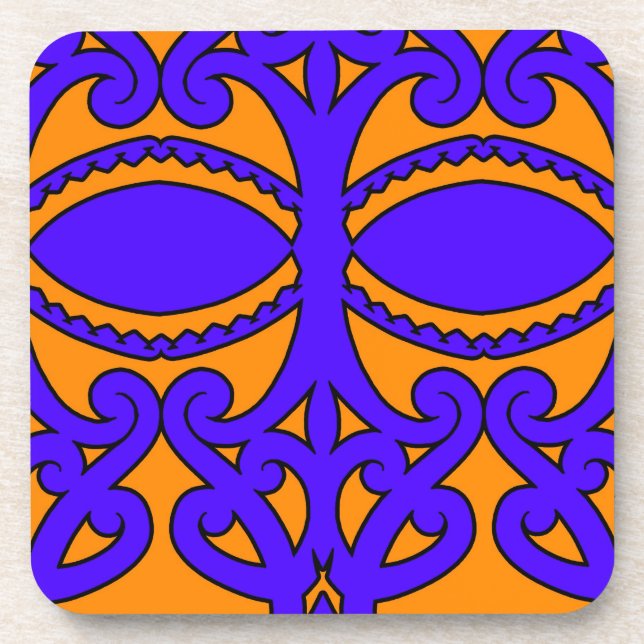 Colourful blue and orange tattoo patterns coaster (Front)
