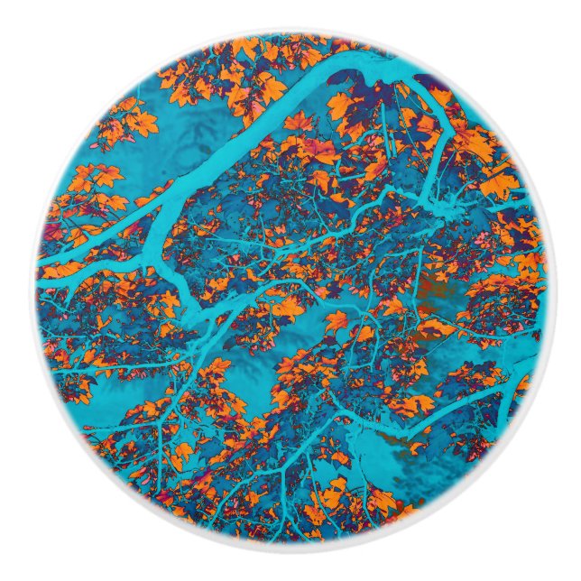 Colourful blue and orange trees ceramic knob (Front)