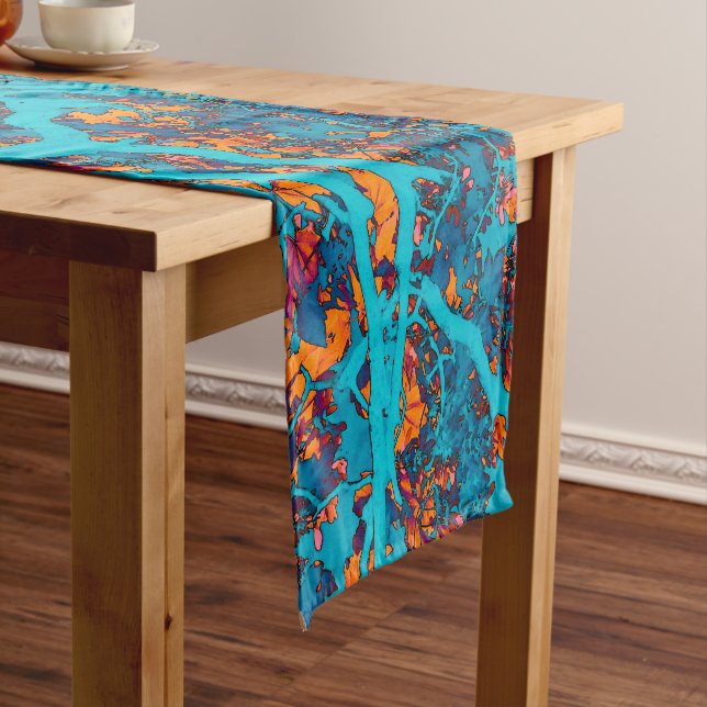 Colourful blue and orange trees short table runner (In Situ)