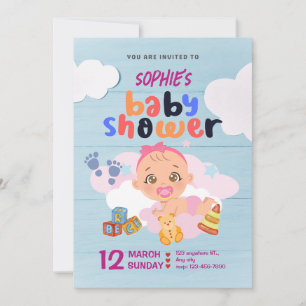 Colourful Blue And Pink Baby Shower Invitation