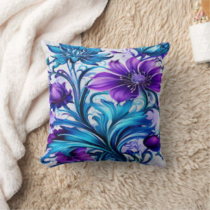 Colourful Blue and Purple Floral Art Cushion