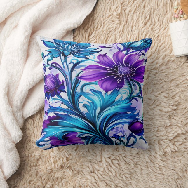 Colourful Blue and Purple Floral Art Cushion (Blanket)