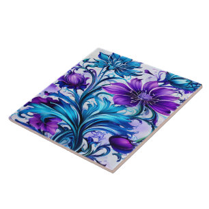Colourful Blue and Purple Floral Art Tile