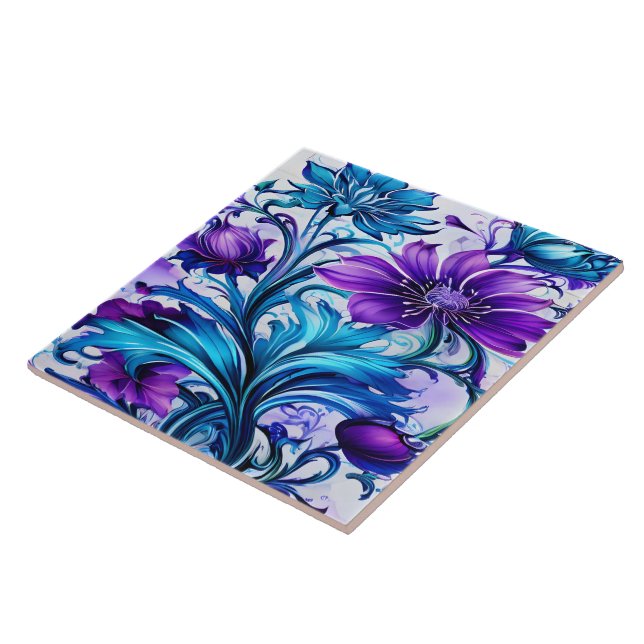 Colourful Blue and Purple Floral Art Tile (Side)