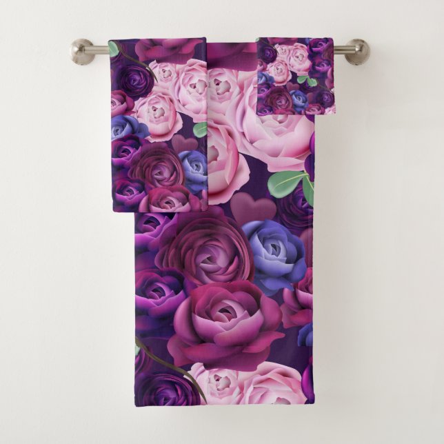 Colourful Blue And Violet Roses Bath Towel Set (Insitu)